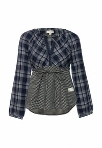 Tengerészkék és fehér kockás gombos ing, összegyűrt nyakkivágással, hosszú ujjakkal és deréknál összehúzott, kutyanyelv mintás szabással.