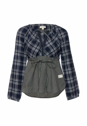 Tumesinine ja valge ruuduline nööbitav särk koos kogutud kaeluse, pikkade varrukate ja piitsaga vöökohaga, millel on koerapintsli muster.