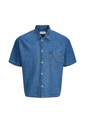 Chemise en denim bleu à manches courtes, patte de boutonnage devant, poche poitrine unique et col classique.