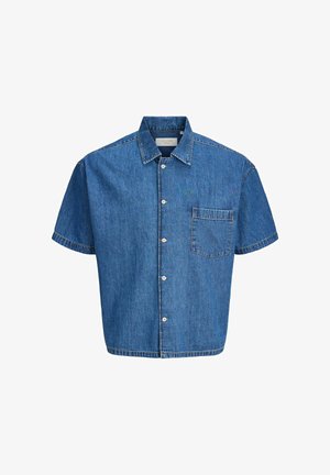 Chemise en denim bleu à manches courtes, patte de boutonnage devant, poche poitrine unique et col classique.