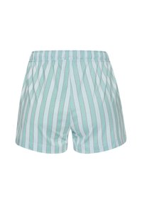 Pantalones cortos de color azul claro con rayas verticales blancas y rojas, cinturilla elástica, tejido suave y corte holgado, adecuados para uso casual.