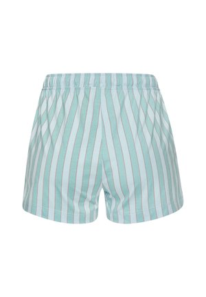 Heledad sinised lühikesed püksid, millel on vertikaalsed valged ja punased triibud, elastne keskosa, pehme riie ja mugav lõige, sobivad igapäevaseks kandmiseks.