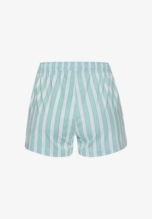 Hellblaue Shorts mit vertikalen weißen und roten Streifen, elastischem Bund, weichem Stoff und entspannter Passform, ideal für die Freizeit.