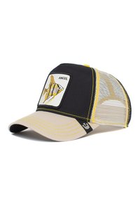 Gorra de béisbol con un panel frontal negro, laterales de malla, visera beige, costuras amarillas y un diseño de pez con el texto "ÁNGEL."
