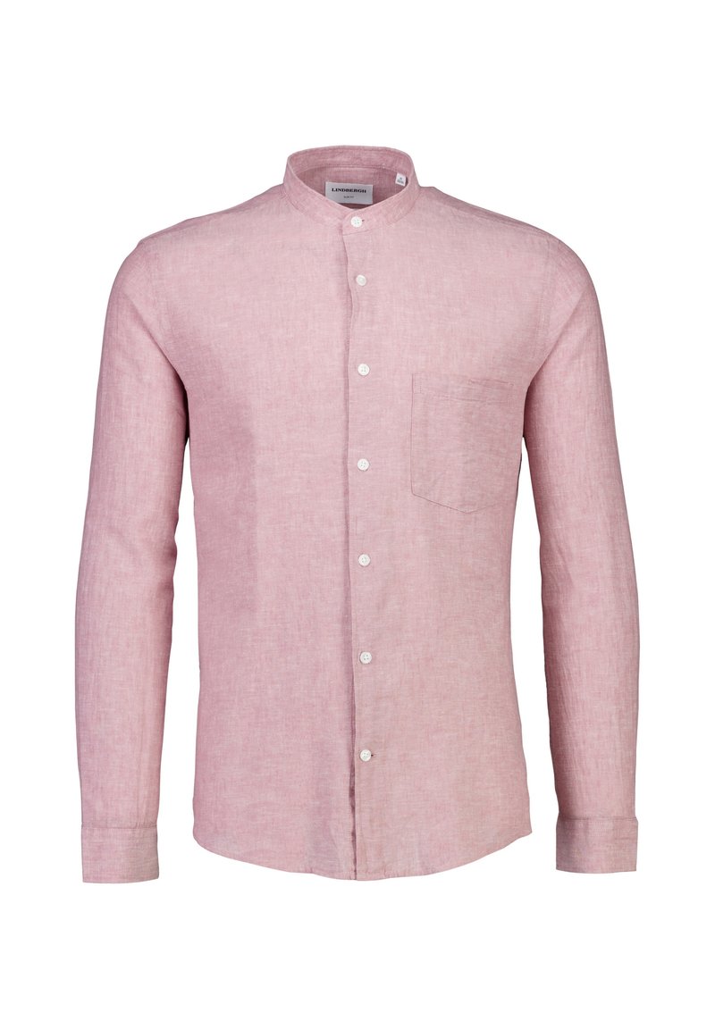 Camicia a maniche lunghe rosa chiaro con colletto alla mandarino, tasca frontale e bottoni bianchi. Realizzata in un tessuto testurizzato simile al lino.