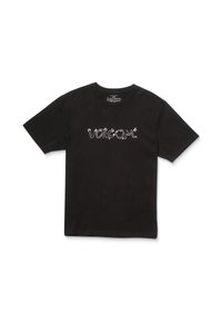 Black cotton t-shirt with a crew neck and short sleeves, featuring a stylized white logo "VOLCOM" across the chest. Smooth texture.