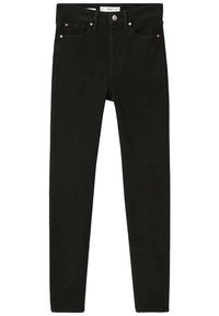 Černé skinny džíny z denimu s vysokým pasem, pěti kapsami, zapínáním na knoflík na přední straně a měděnými nýty. Hladká textura a přiléhavý střih.