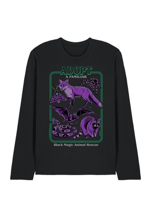 Black long-sleeve shirt with purple illustrations of a fox, bat, raccoon, snake, moth, and spider and text "Adopt a Familiar" and "Black Magic Animal Rescue."