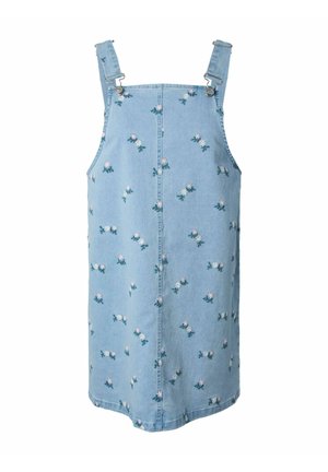 Hellblaues Jeans-Kleid mit verstellbaren Trägern und kleinen weißen und pinken Blumenmustern, die über den Stoff verteilt sind.