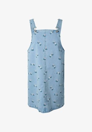 Hellblaues Jeans-Kleid mit verstellbaren Trägern und kleinen weißen und pinken Blumenmustern, die über den Stoff verteilt sind.