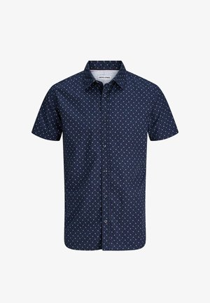 Laivastonsininen lyhythihainen napillinen paita, jossa valkoinen geometrinen timanttikuosi ja klassinen kaulus.