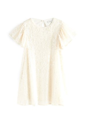 Robe courte pour fille de couleur crème avec manches courtes volantées, recouverte de sequins brillants, avec un col rond et une fermeture boutonnée au dos.