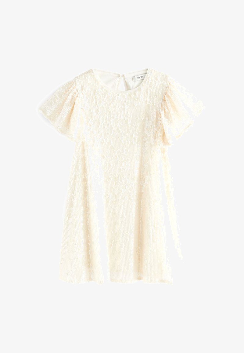 Robe courte pour fille de couleur crème avec manches courtes volantées, recouverte de sequins brillants, avec un col rond et une fermeture boutonnée au dos.