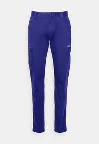 Cargo kalhoty v jasně modré barvě, s bočními kapsami, elegantním střihem, plochým předním dílem a hladkým materiálem.