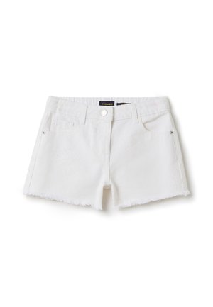 Weiße Denim-Shorts mit ausgefransten Säumen, Fronttaschen, Knopfverschluss und subtiler Blumenstickerei auf dem Stoff.