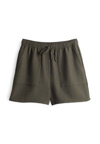 Short en tissu côtelé vert olive foncé avec taille élastique, cordon de serrage et poches plaquées devant.