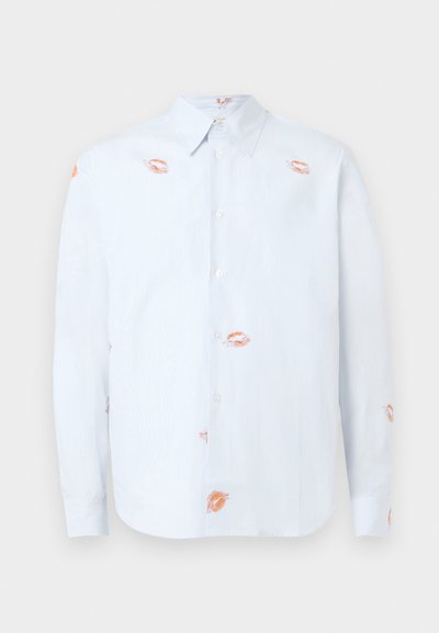 Light blue long-sleeve shirt made of fabric with a textured finish, featuring embroidered orange lips patterns throughout and button closures.