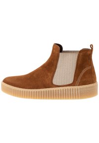 Stivaletto in suede marrone con pannelli elasticizzati ai lati e motivo a spina di pesce. Suola in gomma con dettagli scanalati e linguetta sul retro.