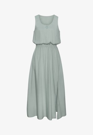 Ärmelloses hellgrünes Midikleid mit elastischem Bund, vorderlichem Reißverschluss mit rundem Zug und Seitenschlitz auf einfarbig weißem Hintergrund.
