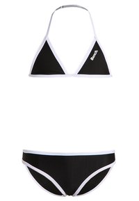 Black bikini set featuring a triangular top and matching bottoms. Contrasting white trim along edges. Material appears smooth and stretchy.