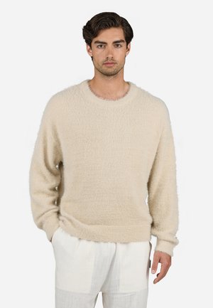 Beige tröja gjord av fluffigt material, med rund halsringning och långa ärmar. Med en avslappnad passform och texturerad yta.