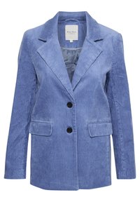 Blazer in velluto blu con maniche lunghe, rever a becco, due tasche frontali e due bottoni neri, caratterizzato da un motivo a righe testurizzate.