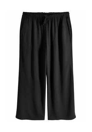 Black wide-leg pants made of lightweight fabric with an elastic waistband and drawstring. Features a smooth, slightly textured surface.