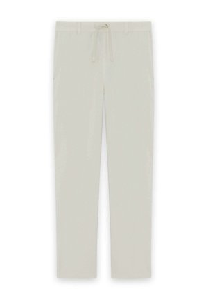 Lysebeige bukser med lige ben, bæltestropper og en snor i taljen, vist fladt på en hvid baggrund.
