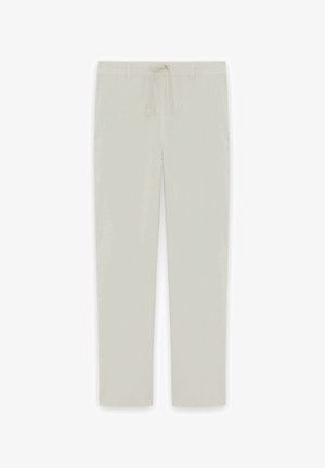 Hellbeige Bügelfreie Hose mit geradem Bein, Gürtelschlaufen und Kordelzug in der Taille, flach auf einem weißen Hintergrund präsentiert.
