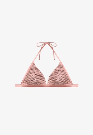 Różowy siateczkowy top od bikini z trójkątnymi miseczkami i wiązanymi na szyi ramiączkami na białym tle.
