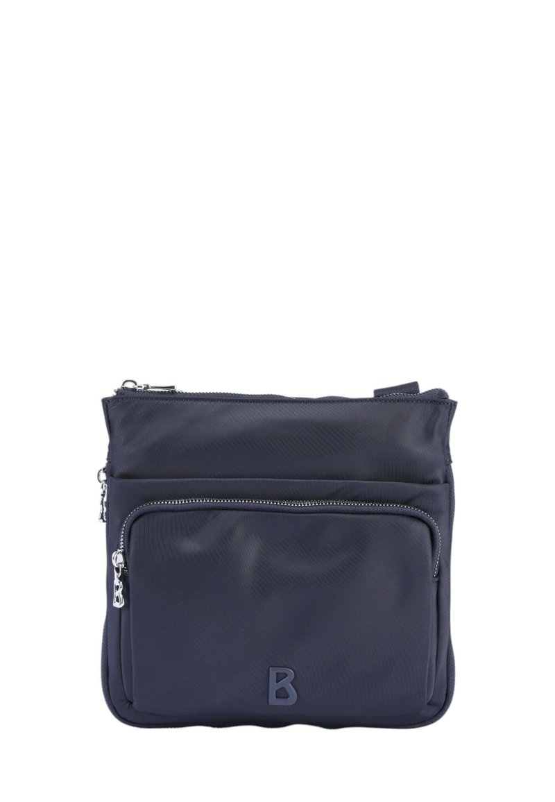 Borsa in nylon blu navy con due scomparti con zip, presenta una superficie texturizzata e un logo in rilievo della lettera 'B' ben visibile sul davanti.