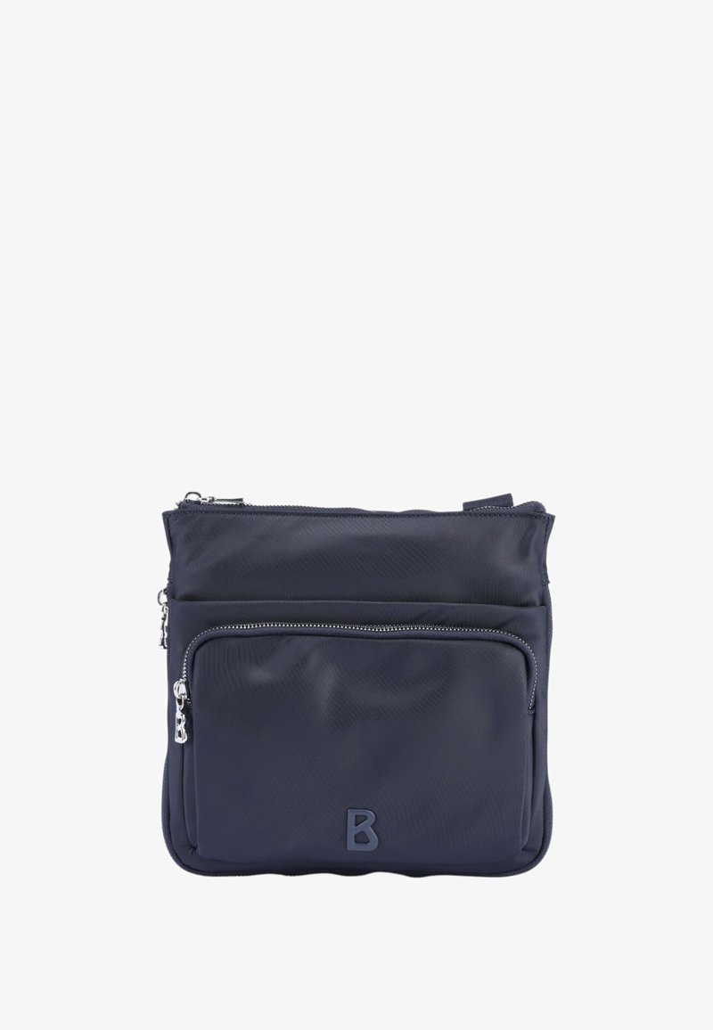 Borsa in nylon blu navy con due scomparti con zip, presenta una superficie texturizzata e un logo in rilievo della lettera 'B' ben visibile sul davanti.