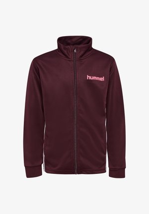 Pige smiler med armene over kors, iført en mørkerød sportjakke og leggings med pink chevronstriber, stående på hvid baggrund.