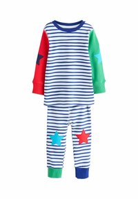Gestreifte Baumwollpyjamas mit langen Ärmeln, featuring rote und grüne Ärmel, blaue Akzente und Sternenpatches an den Knien. Weicher, bequemer Schnitt.