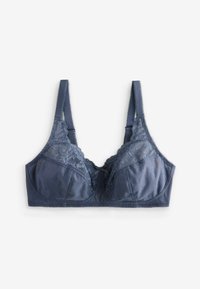 Navyblauwe beha met kantaccenten, voorzien van een zachte stofstructuur, verstelbare bandjes en een strikdetail in het midden.