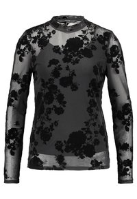 Svart genomskinlig långärmad topp med blommönster, hög halsringning och en något åtsittande siluett. Har texturerad tyg med ett opakt underlager.