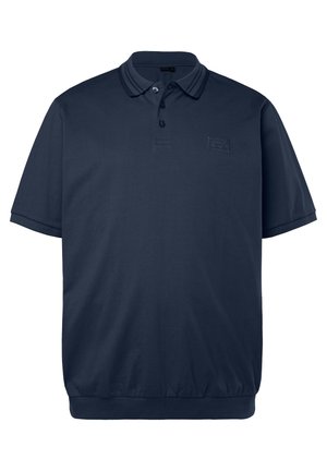 Marineblaues Poloshirt mit kurzen Ärmeln, geripptem Kragen, Dreiknopf-Leiste und dezentem Logopatch auf der linken Brust.