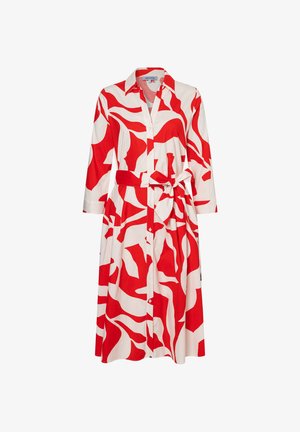 Midi-Hemdblusenkleid mit rot-weißem abstraktem Muster, langen Ärmeln, durchgehender Knopfleiste, Kragen und Taillenband zum Binden.