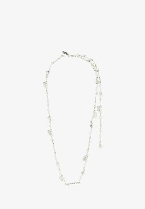 Hõbedane kaelakee, millel on ebaühtlased lingid ja väikesed valged pärlid kogu disainis, ning sujuv lukustus turvaliseks kandmiseks.