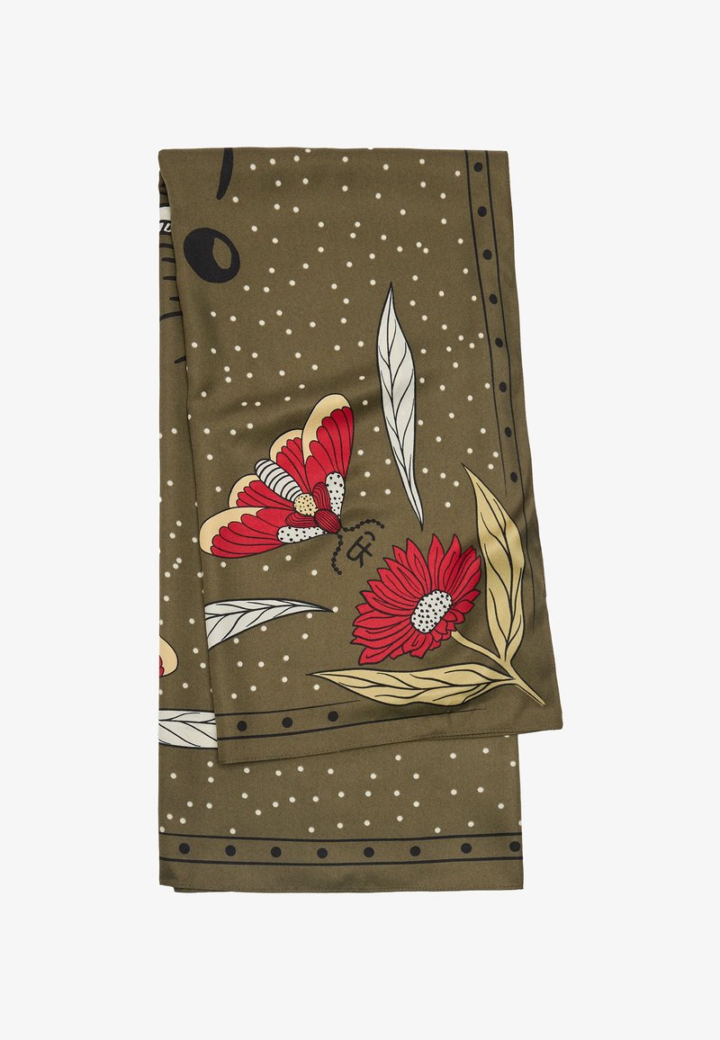 Złożony oliwkowozielony szalik w białe kropki, z czerwonym kwiatem, beżowymi i białymi liśćmi oraz wzorem czerwono-beżowo-czarnym motyla.