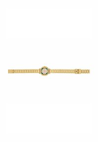 Montre-bracelet en métal doré avec un cadran carré présentant un motif floral en rose et vert. Bracelet à maillons avec un fermoir sécurisé.