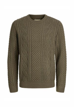 Oliivivihreä nylknätty villapaita, jossa on kierrettyjä ja punottuja kuvioita, pitkät hihat sekä resorit pyöreässä kaula-aukossa, hihoissa ja helmassa.