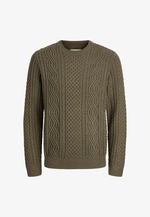 Oliivivihreä nylknätty villapaita, jossa on kierrettyjä ja punottuja kuvioita, pitkät hihat sekä resorit pyöreässä kaula-aukossa, hihoissa ja helmassa.