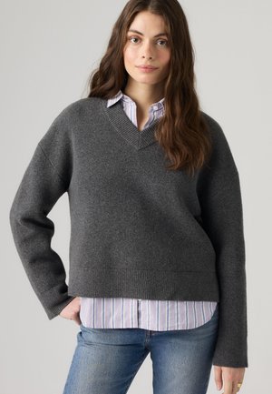 Femme aux longs cheveux bruns portant un pull gris foncé à col en V par-dessus une chemise rayée à boutons et un jean bleu, debout devant un fond uni.