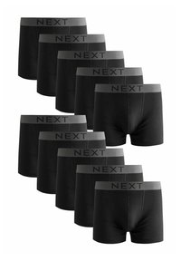 Schwarze Baumwoll-Boxershorts mit einem grauen elastischen Bund, der mit "NEXT" geprägt ist, in einer gestapelten Anordnung von zehn Stück angezeigt.