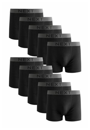Schwarze Baumwoll-Boxershorts mit einem grauen elastischen Bund, der mit "NEXT" geprägt ist, in einer gestapelten Anordnung von zehn Stück angezeigt.