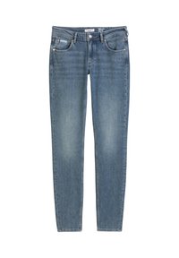 Slim-fit dżinsy w średnim niebieskim denimu z wyblakłą fakturą. Posiada pięć kieszeni, zamek błyskawiczny i zapięcie na guzik.