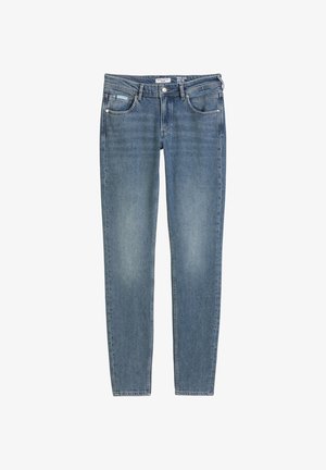 Slim-fit jeans in middelblauwe denim met een vervaagde textuur. Heeft vijf zakken, een ritssluiting en een knoopsluiting.