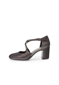 Heeled shoe with a black metallic finish, cut-out design, adjustable ankle strap, and a square toe. Features a chunky heel for stability.