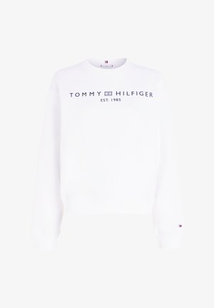 Sweatshirt branco feito de algodão, com decote redondo, mangas longas e texto do logótipo azul-marinho "TOMMY HILFIGER EST. 1985" na parte frontal.